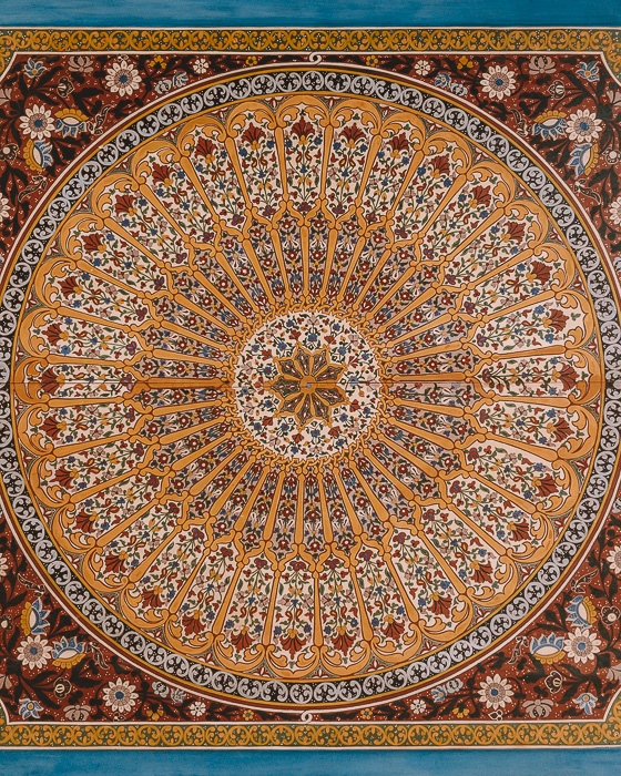 Morocco travel guide circular carved wood and tiles ceiling in Bahia Palace in Marrakesh by Dancing the Earth