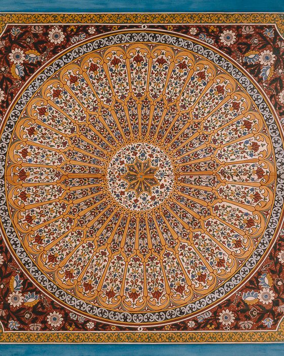 Morocco travel guide circular carved wood and tiles ceiling in Bahia Palace in Marrakesh by Dancing the Earth