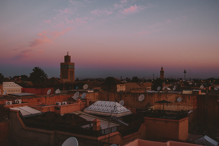 Morocco travel guide blue hour over Marrakesh from riad Ksar Kasbah by Dancing the Earth