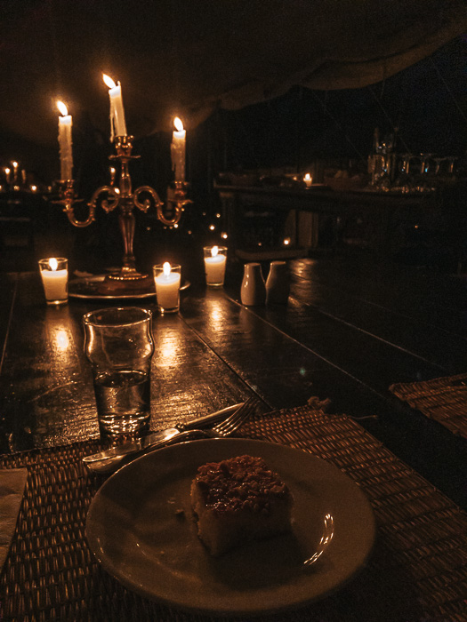 Candlelit dinner dessert at Scarabeo Camp by Dancing the Earth