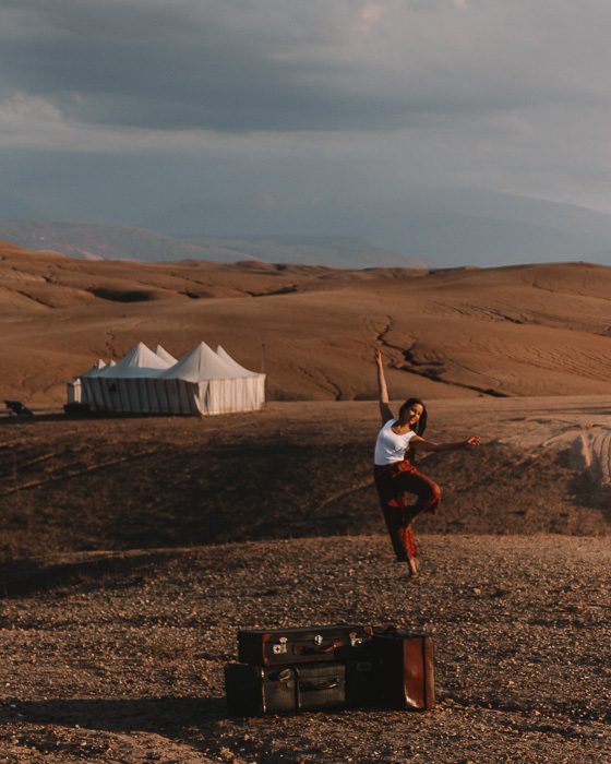 Morocco travel guide Scarabeo Camp old suitcases and tents by Dancing the Earth