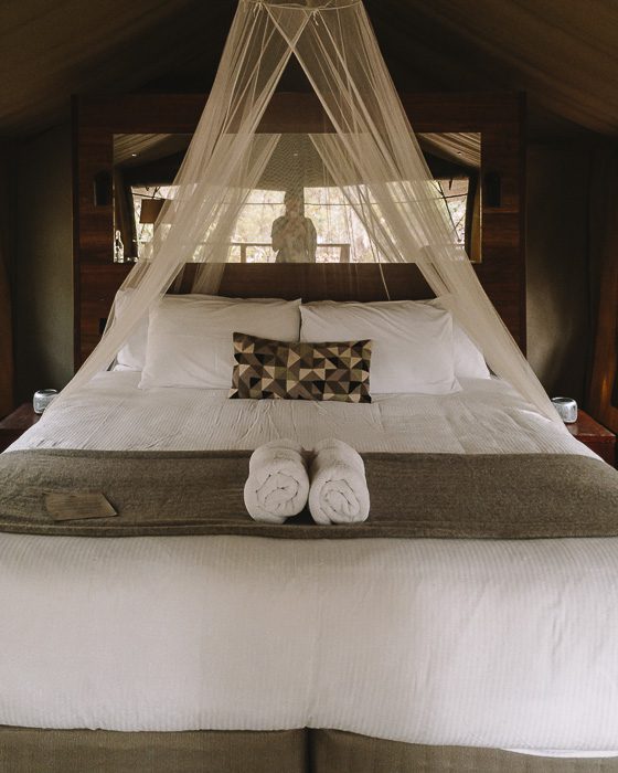 Paperbark Camp deluxe tent bed by Dancing the Earth
