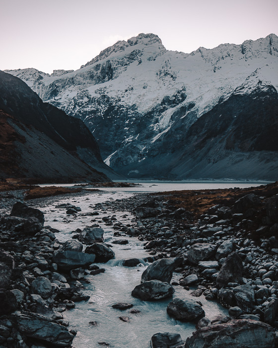 Mueller Lake from the suspension bridge of Hooker Valley track, Dancing the Earth