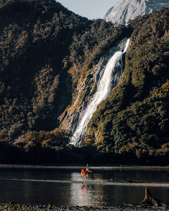 Milford Sound waterfall, Dancing the Earth