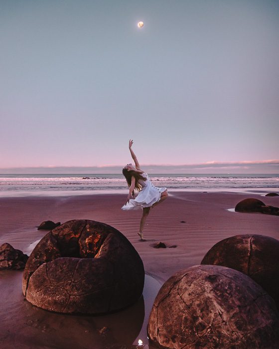 Moeraki Boulders and the moon, South Island, Dancing the Earth