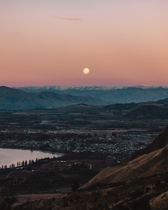 Sunset and moon over Wanaka, Dancing the Earth