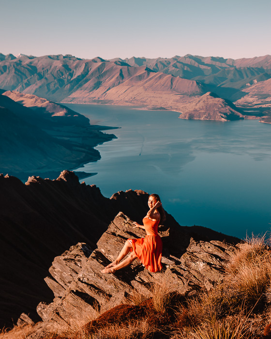 Golden light on Lake Hawea and the mountains, best day hikes in the South Island, Dancing the Earth