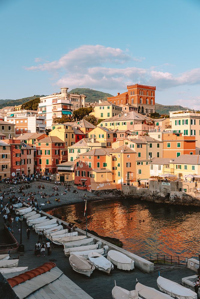 Golden hour in Boccadasse from the church, Dancing the Earth