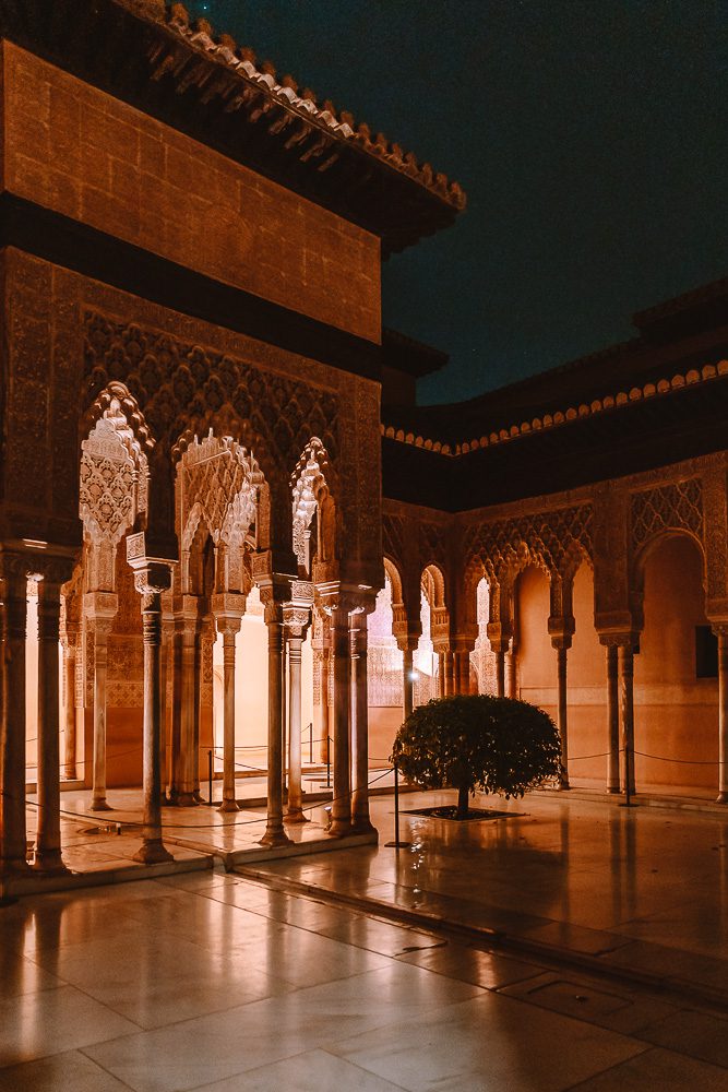 Granada Alhambra by night, patio of Nasrid Palace, by Dancing the Earth