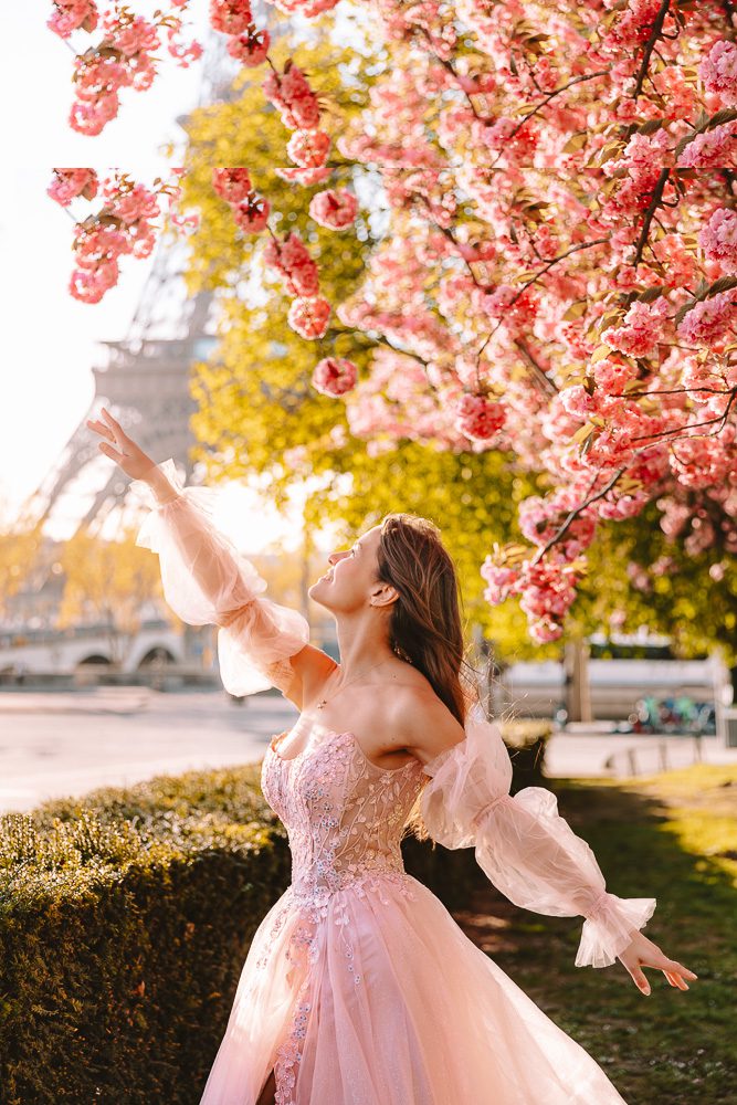 Eiffel Tower Trocadero garden cherry blossoms, by Dancing the Earth
